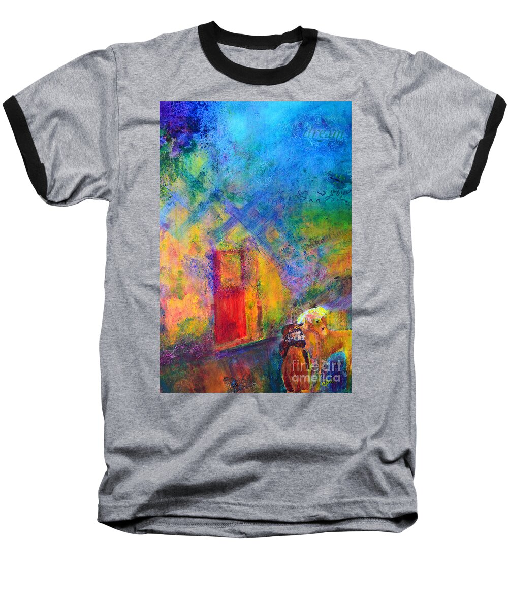 Figurative Baseball T-Shirt featuring the painting Man and Horse on a Journey #1 by Claire Bull