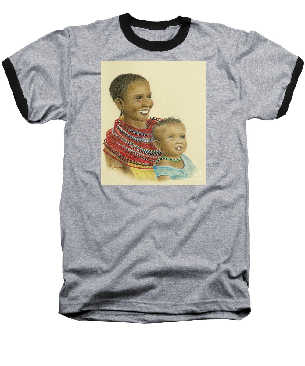 Mom Baseball T-Shirt featuring the painting Masai Mom and Babe by Phyllis Howard