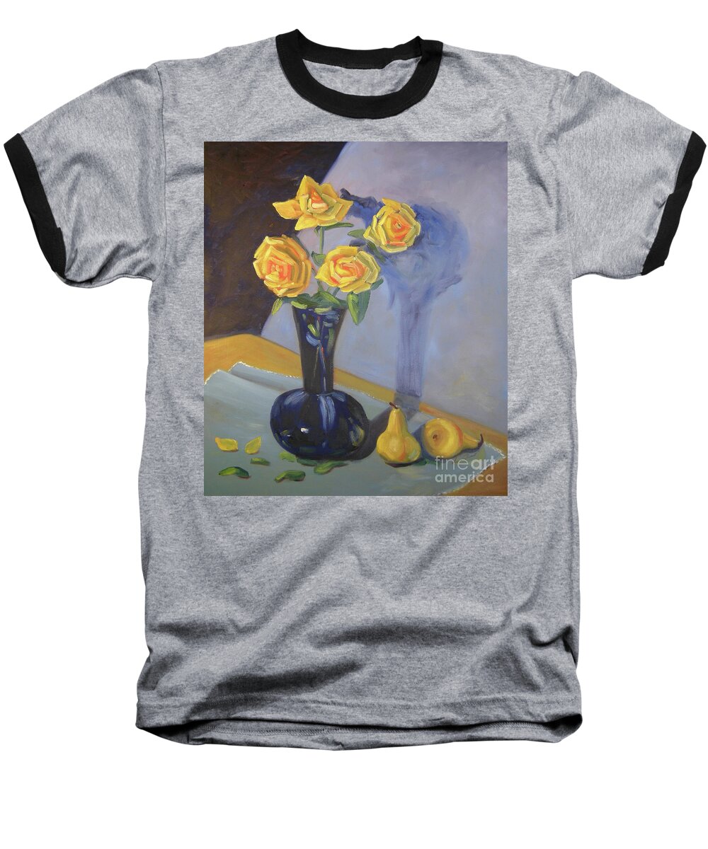 Floral Baseball T-Shirt featuring the painting Yellow Roses and Pears by Lilibeth Andre