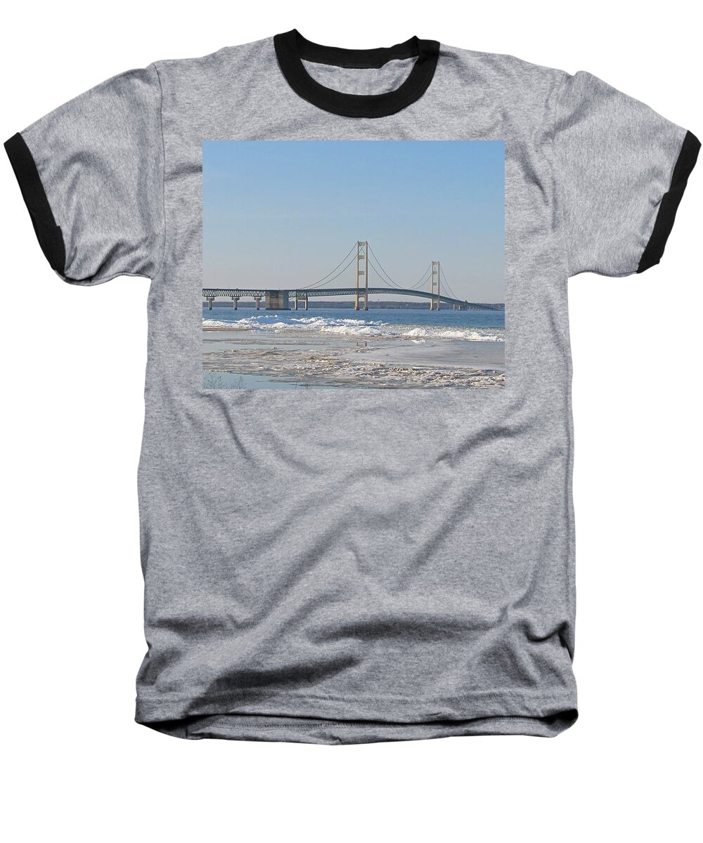 Mackinac Bridge Baseball T-Shirt featuring the photograph April At Mackinac by Keith Stokes