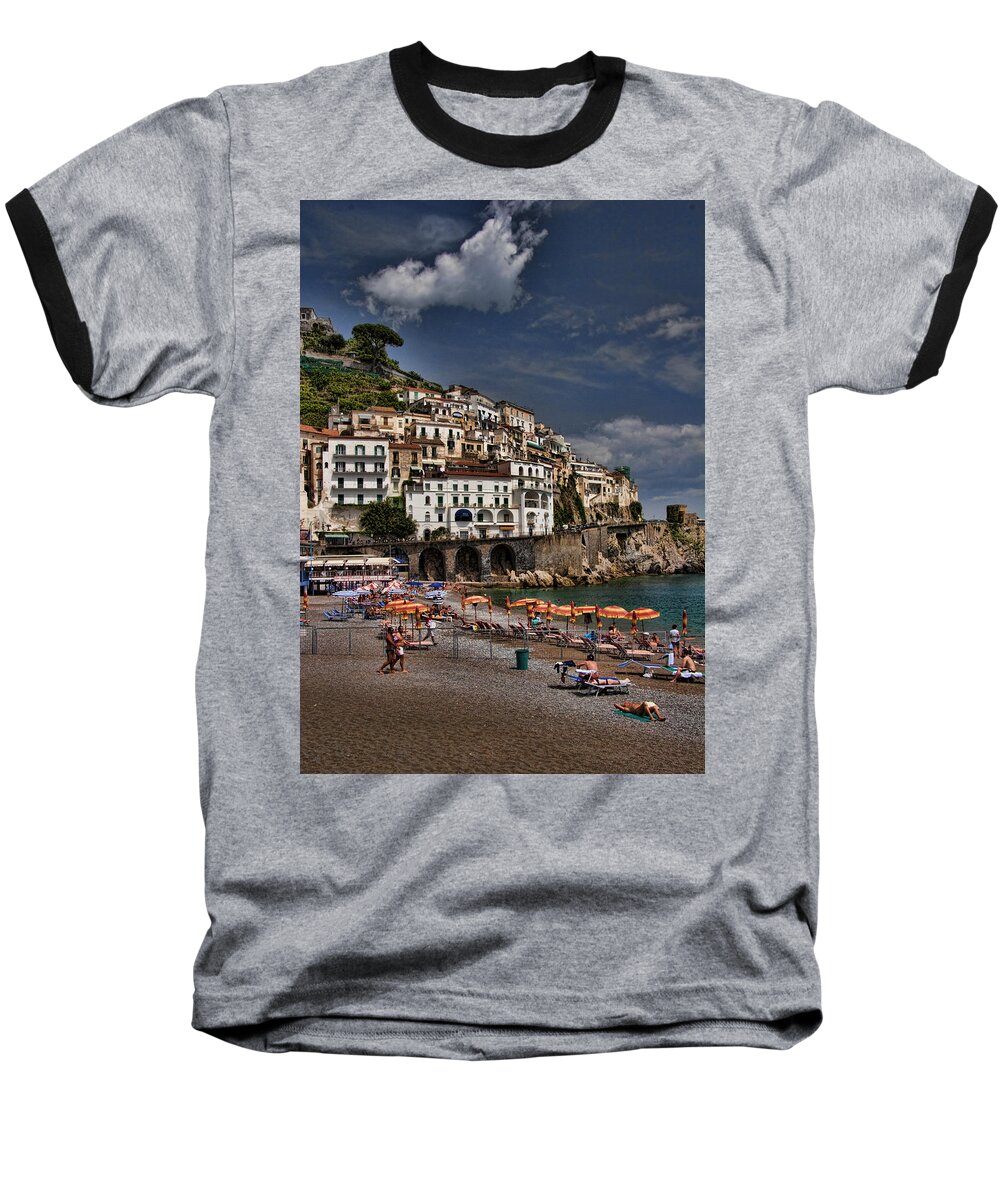 Mediterranean Collection Baseball T-Shirt featuring the photograph Beach scene in Amalfi on the Amalfi Coast in Italy by David Smith