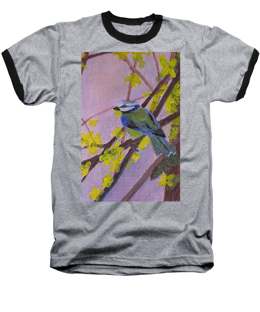 Blue Bird On A Tree Branch Baseball T-Shirt featuring the painting Blue Bird by Christy Saunders Church