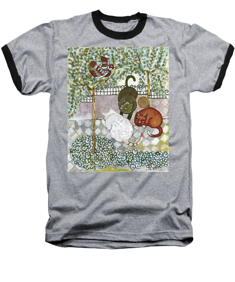 Alley Baseball T-Shirt featuring the painting Brown and white alley cats consider catching a bird in the green garden by Rachel Hershkovitz