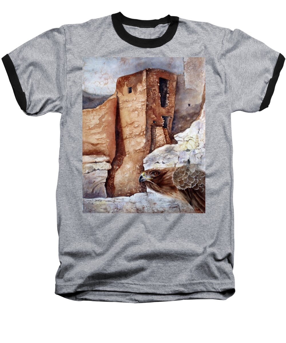 Pueblo Baseball T-Shirt featuring the painting Desert Dwellers by Mary McCullah