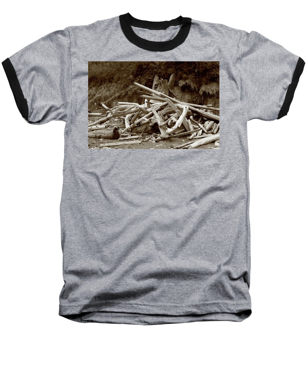 Driftwood Baseball T-Shirt featuring the photograph Driftwood Pile San Juan by Lorraine Devon Wilke