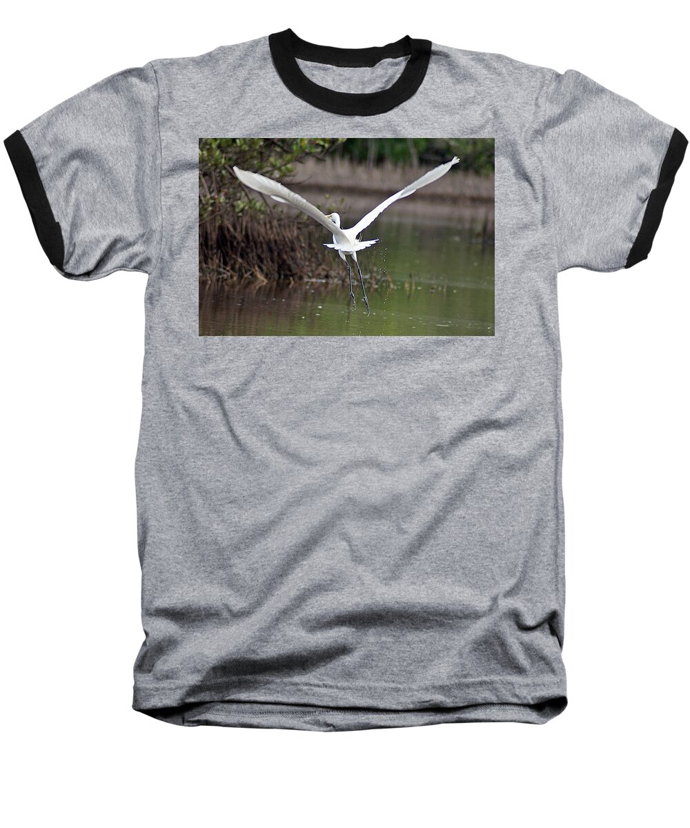 Egret Baseball T-Shirt featuring the photograph Egret in Flight by Joe Faherty