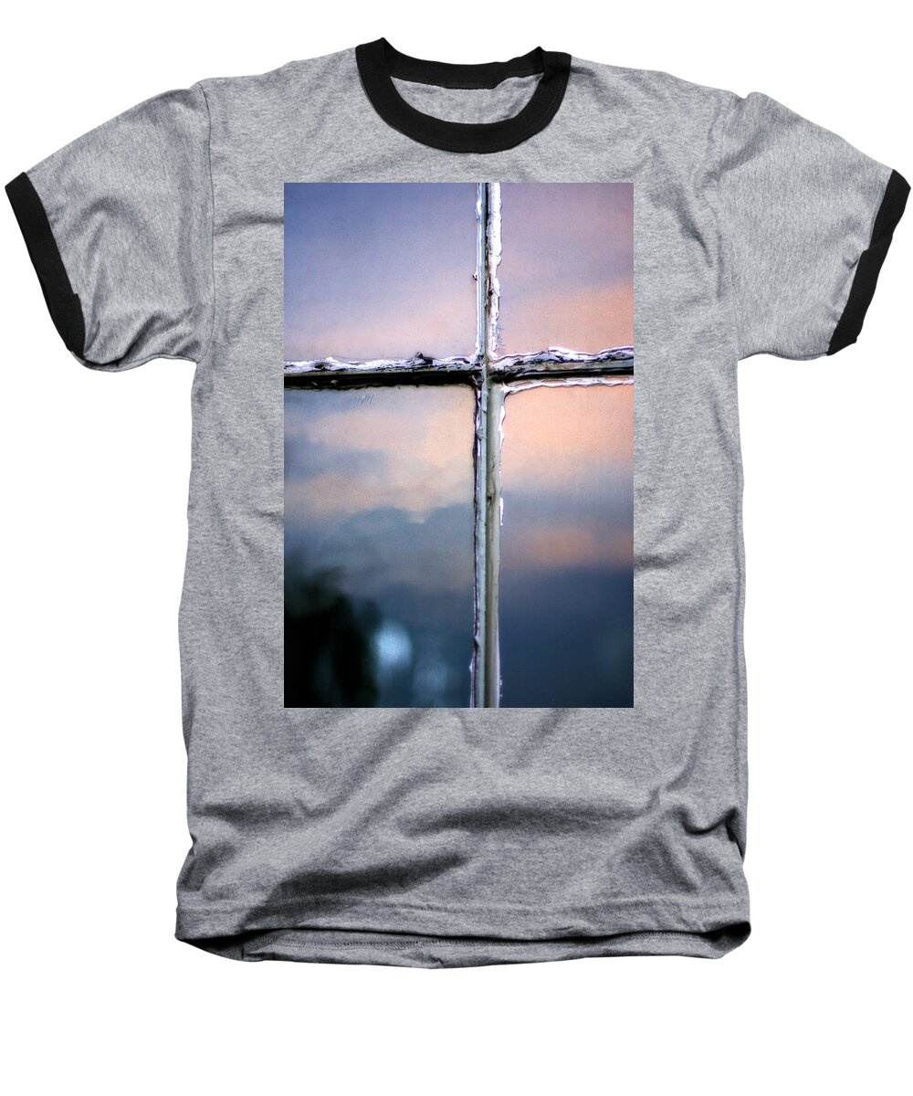 Blue Baseball T-Shirt featuring the photograph Empty Cross on the Window of an Old Church by Angela Rath