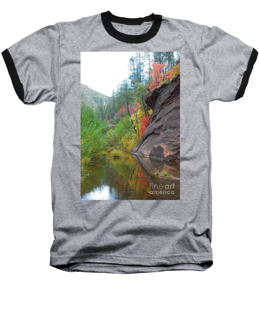 Sedona Baseball T-Shirt featuring the photograph Fall Peeks from behind the Rocks by Heather Kirk