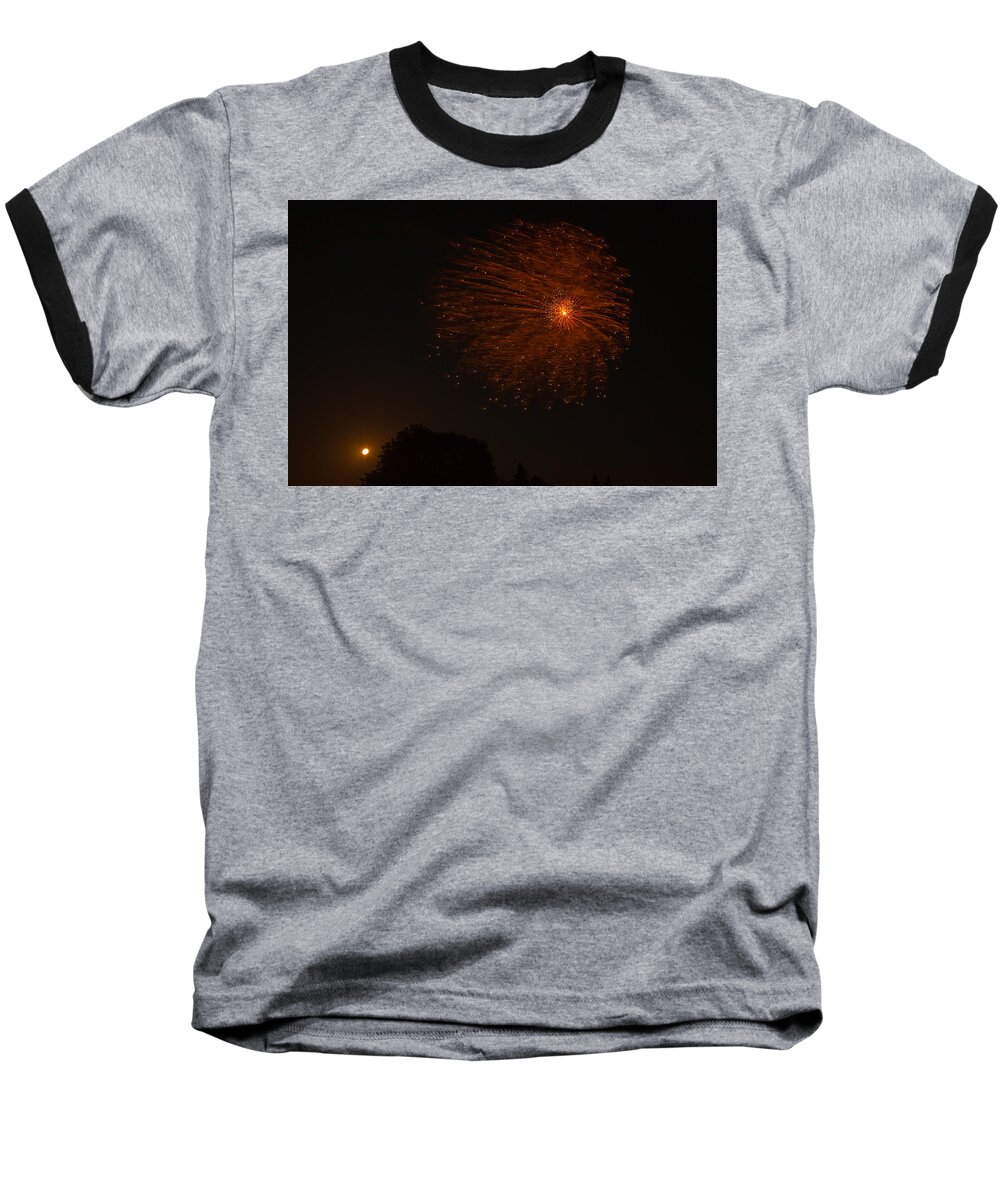  Baseball T-Shirt featuring the photograph Fireworks and Wildfire Moon by Tom Gort