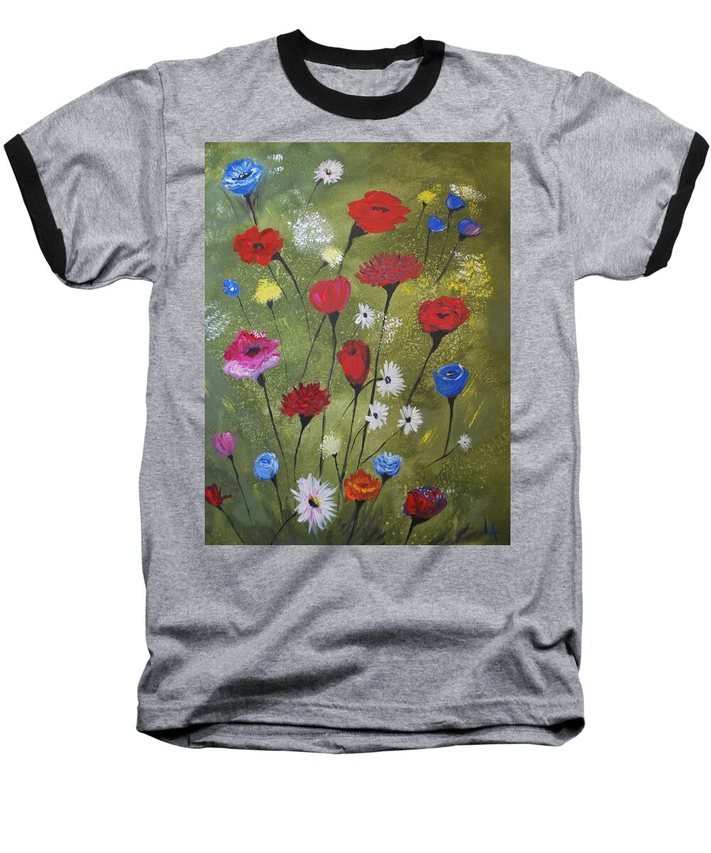 Poppy Painting Baseball T-Shirt featuring the painting Floral Fields by Leslie Allen