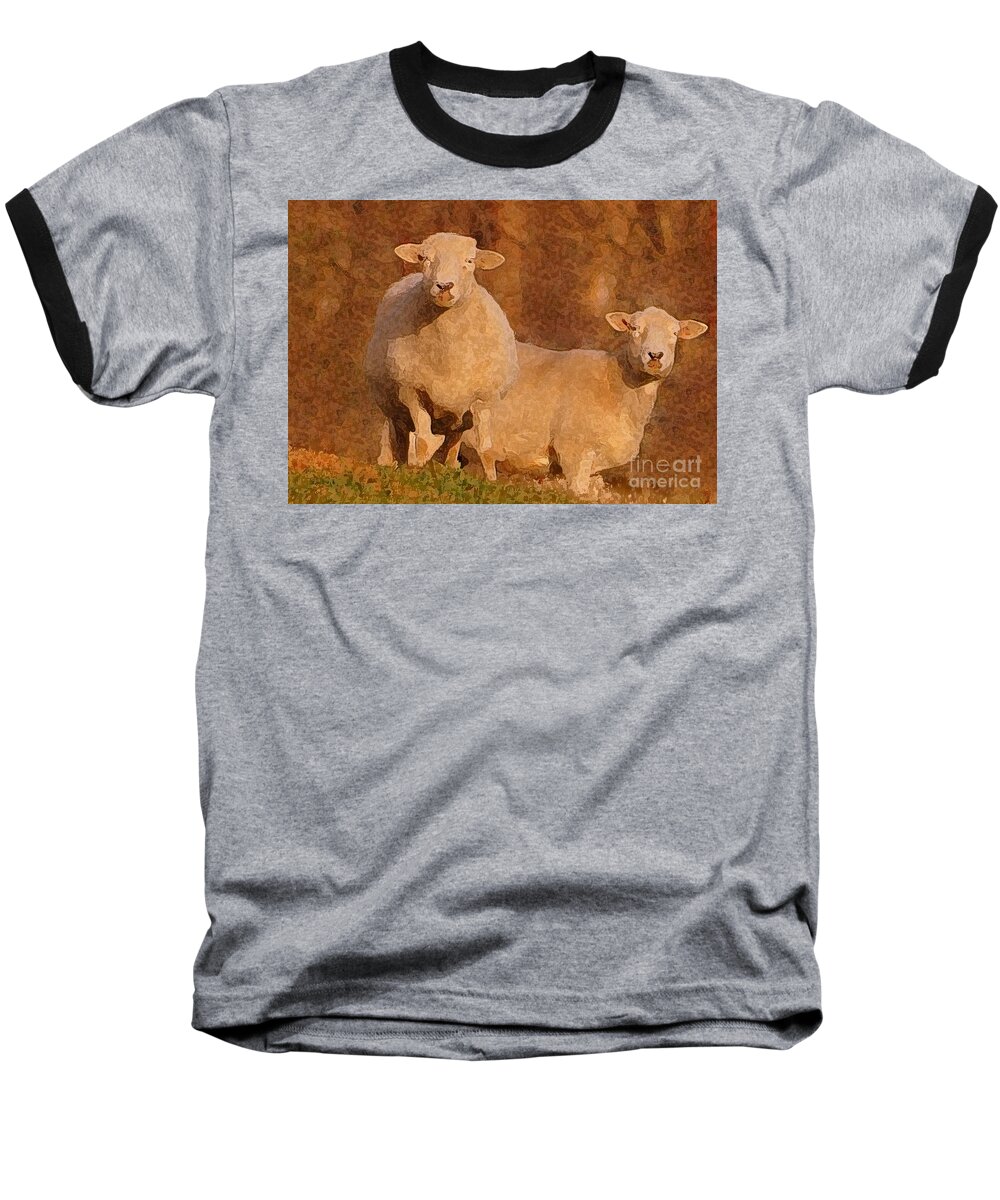 Sheep Baseball T-Shirt featuring the mixed media Follow by Lydia Holly