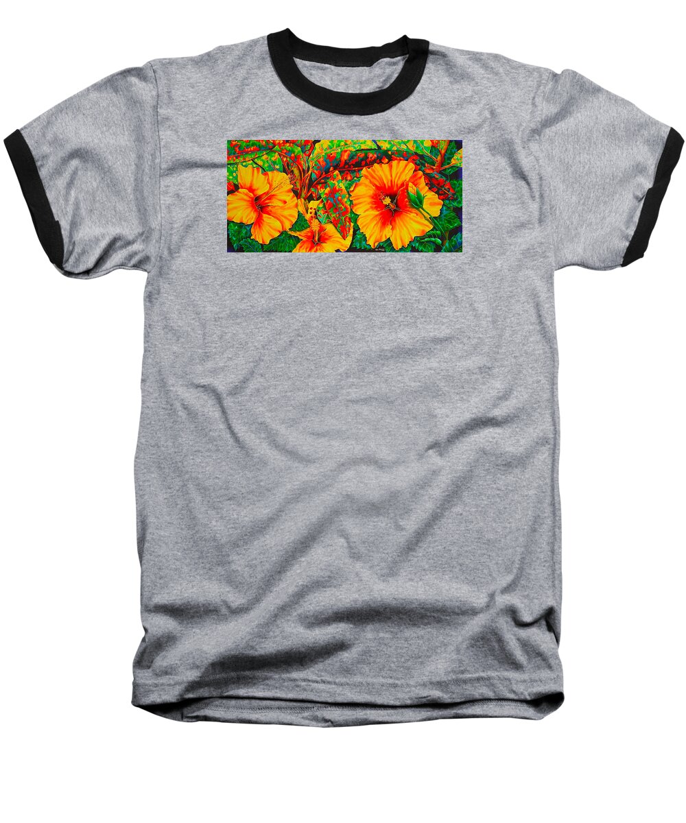 Hibiscus Flower Baseball T-Shirt featuring the painting Hibiscus with Crotons by Daniel Jean-Baptiste