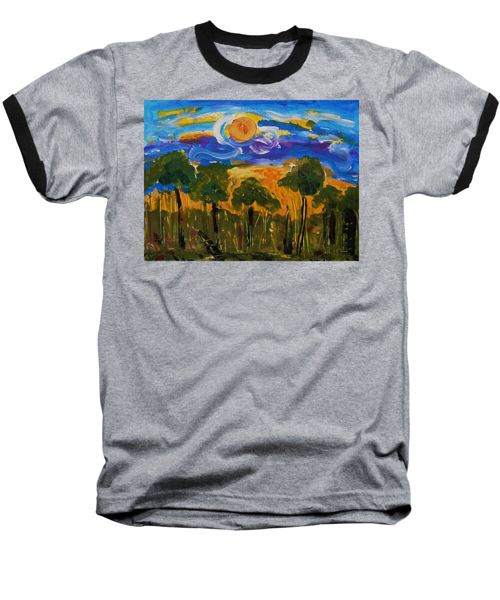 Sun Baseball T-Shirt featuring the painting Intense Sky and Landscape by Mary Carol Williams