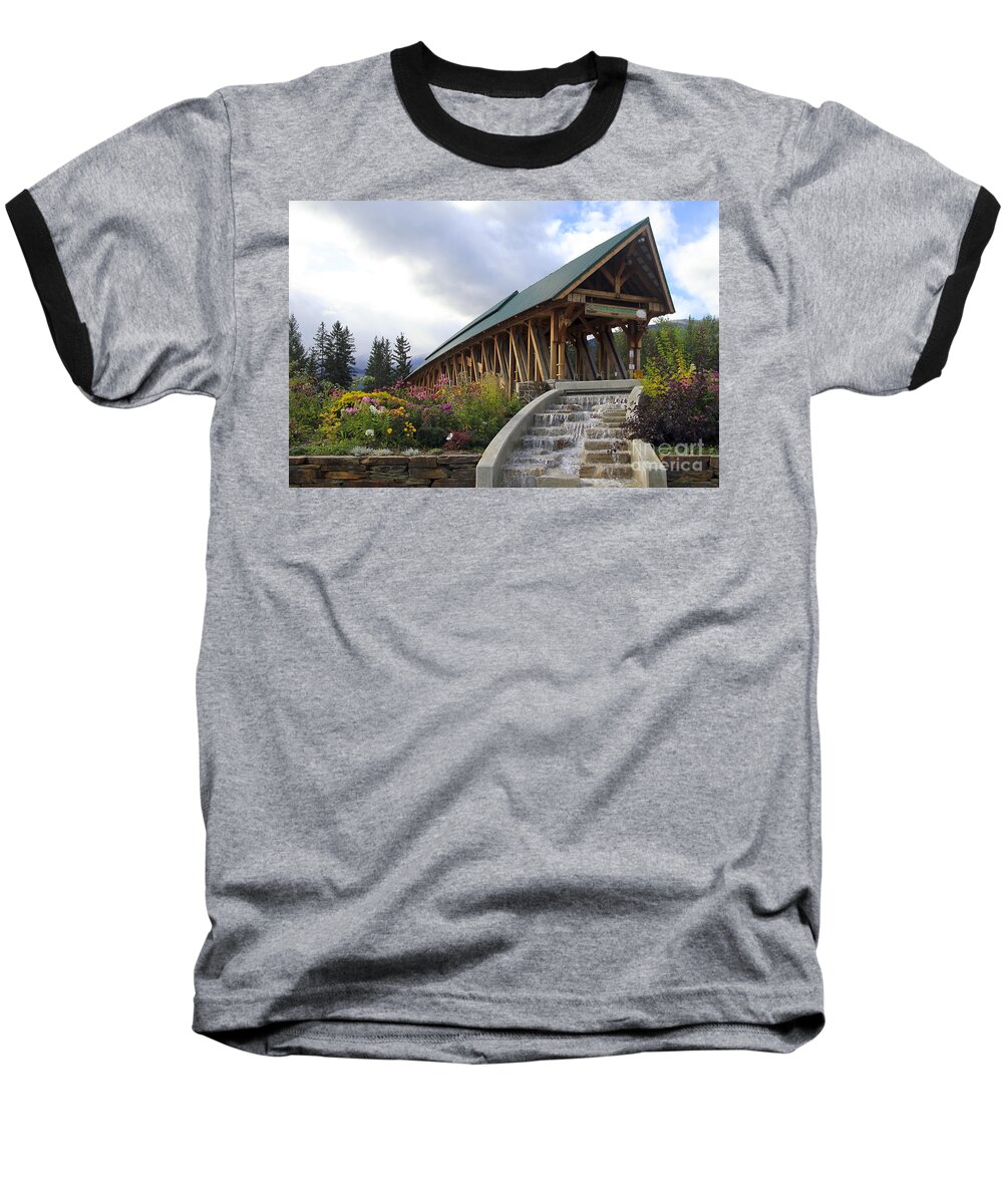 Covered Bridge Baseball T-Shirt featuring the photograph Kicking Horse Covered Bridge in Golden BC by Teresa Zieba