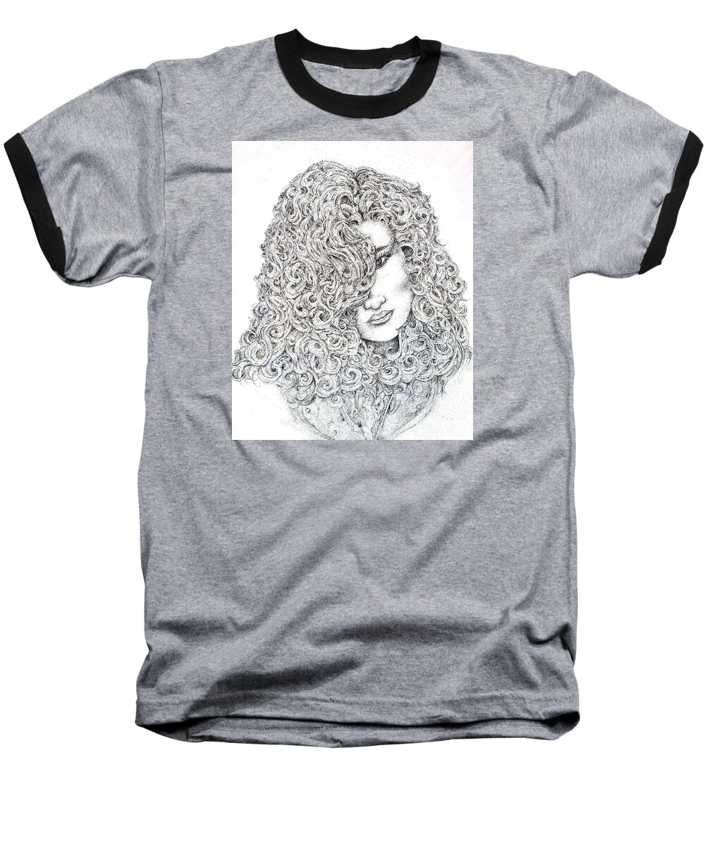 Pointillism Baseball T-Shirt featuring the drawing Curls by Danielle Scott