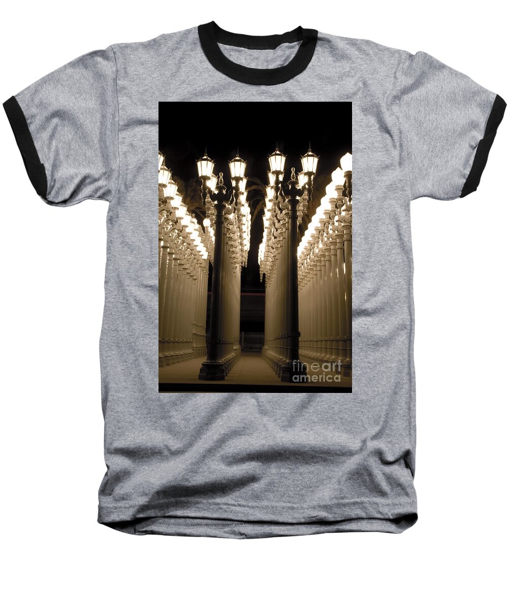Light Baseball T-Shirt featuring the photograph Lights in Art exhibit in LA by Micah May