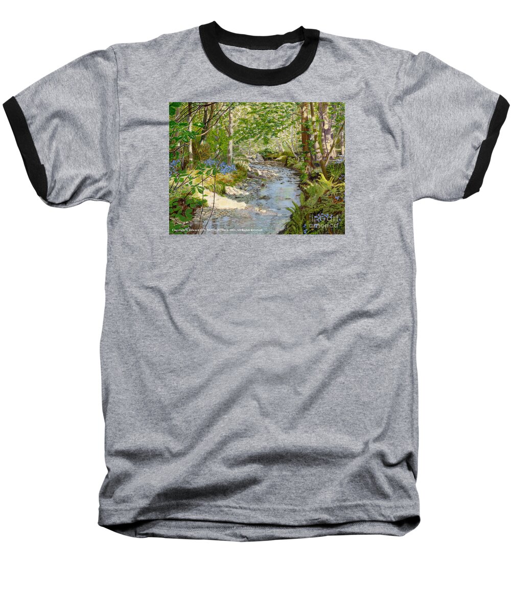 Bluebell Woodland Stream Welsh Landscapes Baseball T-Shirt featuring the painting Bluebell Woodland Stream Welsh Landscapes by Edward McNaught-Davis
