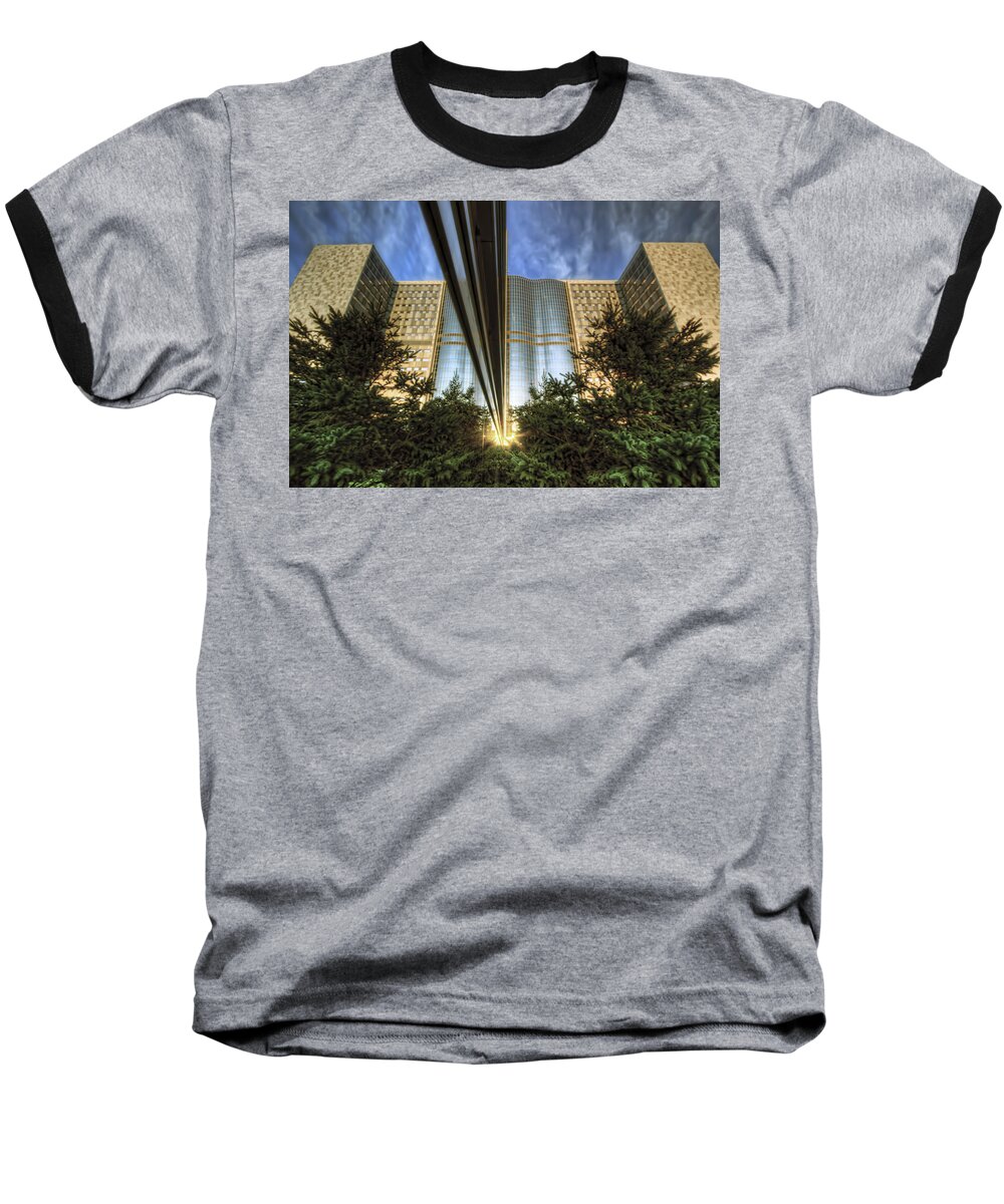 Mayo Clinic Rochester Minnesota Reflection Medical Hospital Trees Sunset Baseball T-Shirt featuring the photograph Mayo squared by Tom Gort