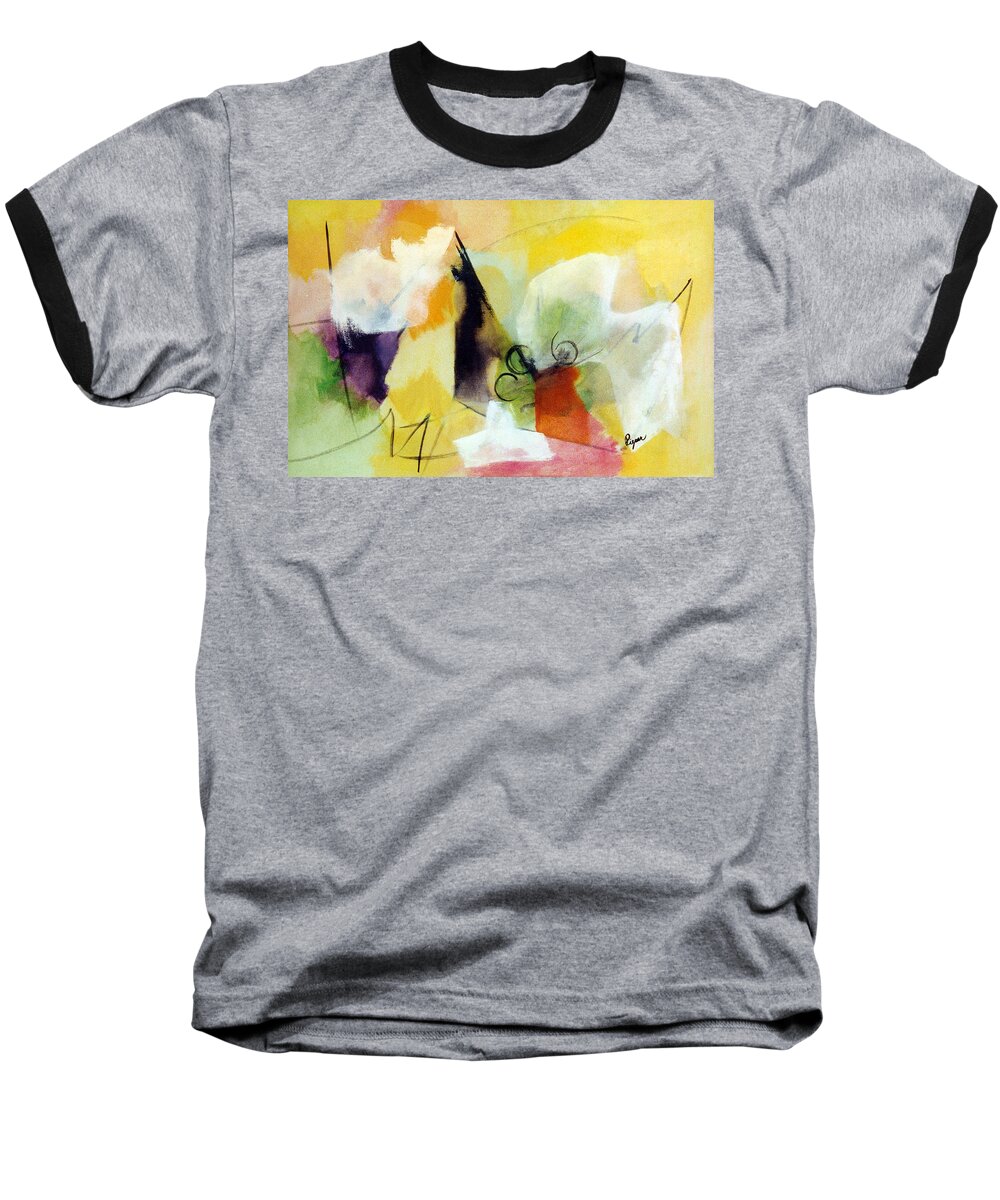 Modern Art Baseball T-Shirt featuring the painting Modern Art with Yellow Black Red and Fanciful Clouds by Betty Pieper