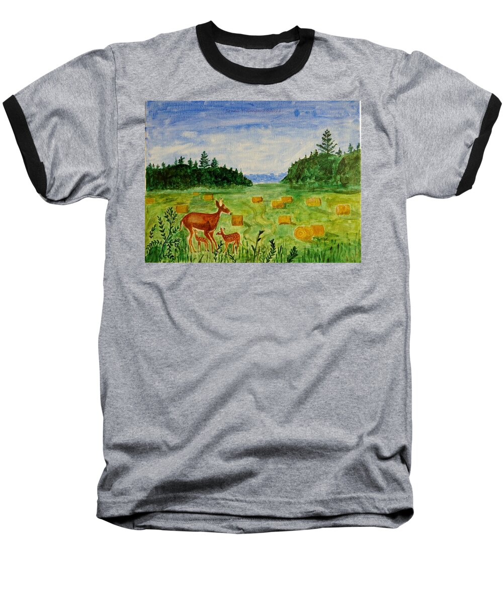 Trees Baseball T-Shirt featuring the painting Mother Deer and kids by Sonali Gangane