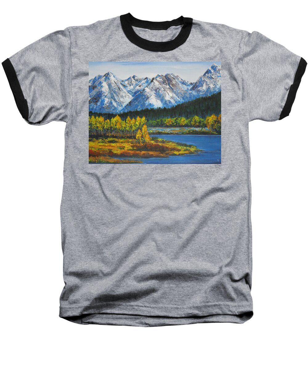 Autumn Baseball T-Shirt featuring the painting Oxbow-Grand Tetons by Shirley Heyn