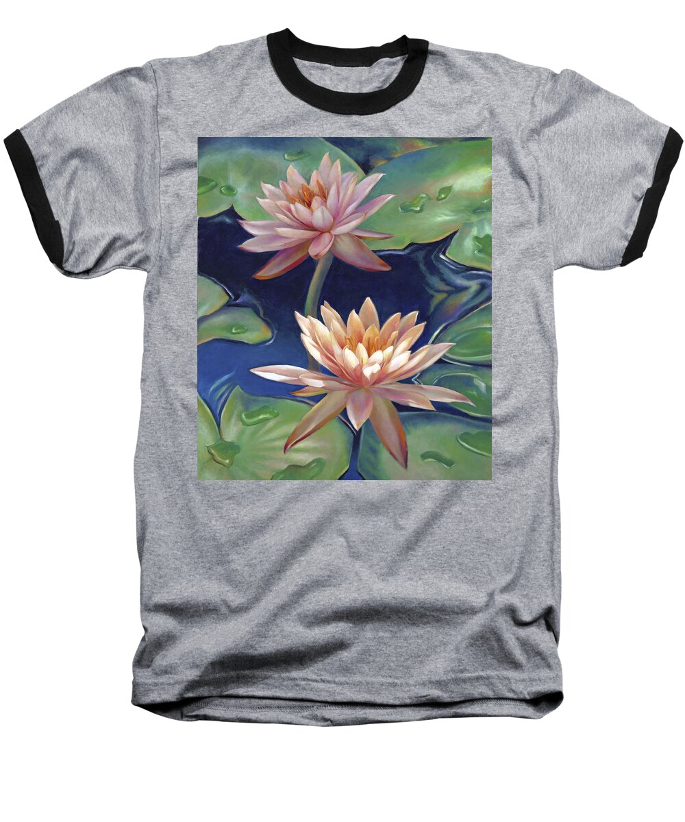 Twin Water Lilies Baseball T-Shirt featuring the painting Peachy Pink Nymphaea Water Lilies by Nancy Tilles