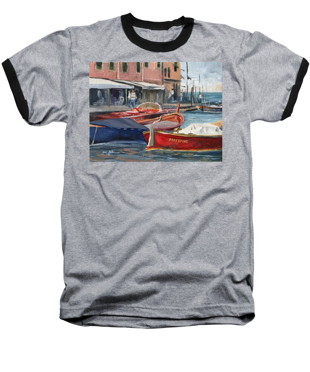 Italy Harbor Boats Baseball T-Shirt featuring the painting Portofino Afternoon by Jay Johnson
