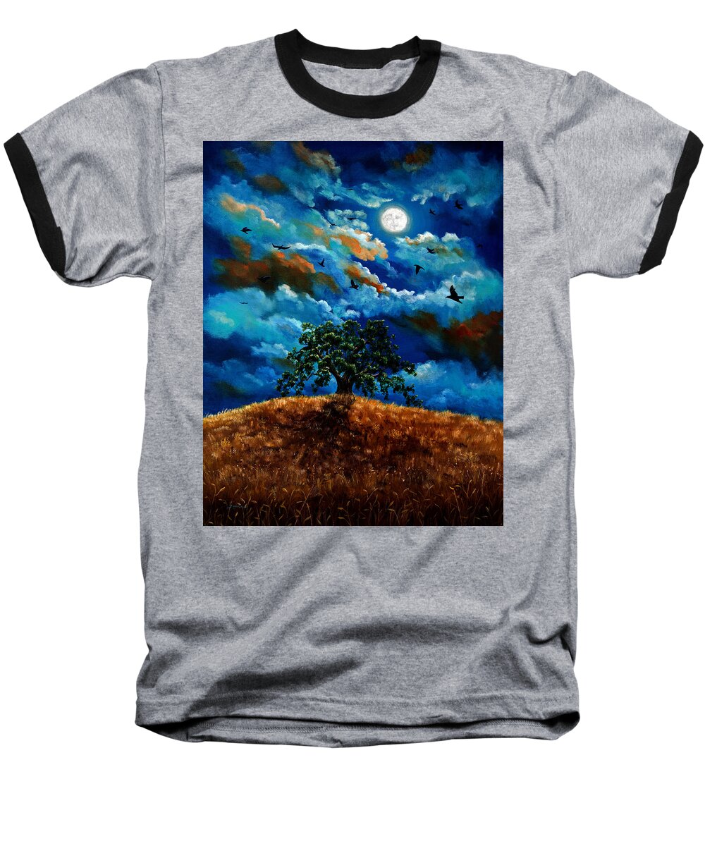 Ravens Baseball T-Shirt featuring the painting Ravens in a Moonlit Landscape by Laura Iverson