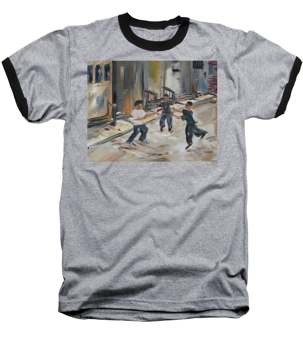 Boys Baseball T-Shirt featuring the painting Red Brick Ballet by Judith Rhue