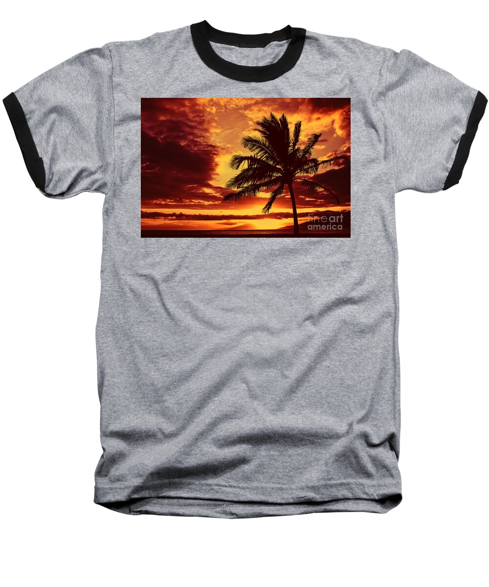 Palm Tree Baseball T-Shirt featuring the photograph Red Hawaiian Sunset by Teresa Zieba
