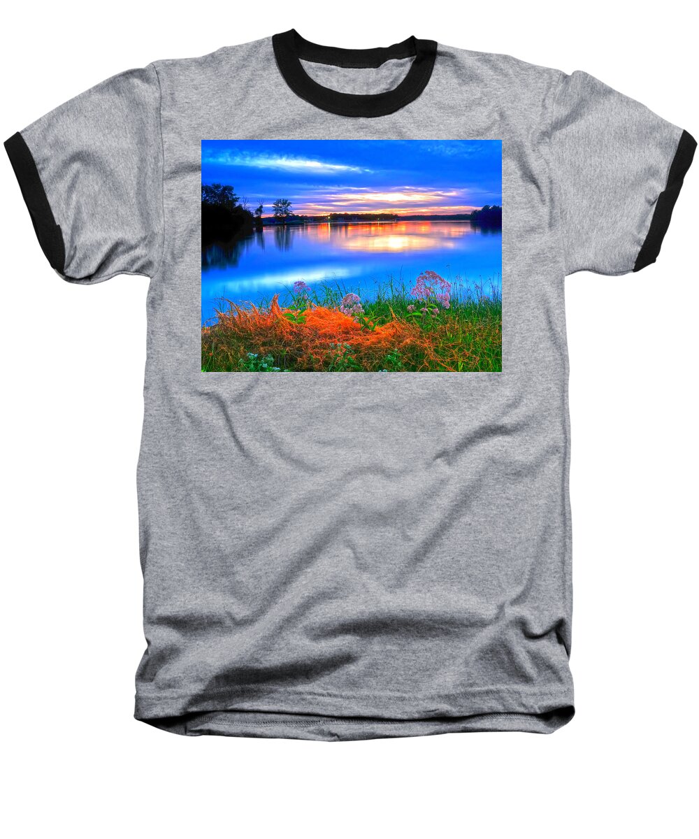 Flowers Along Shore Of Lake Baseball T-Shirt featuring the photograph Shoreline Sundown by Randall Branham