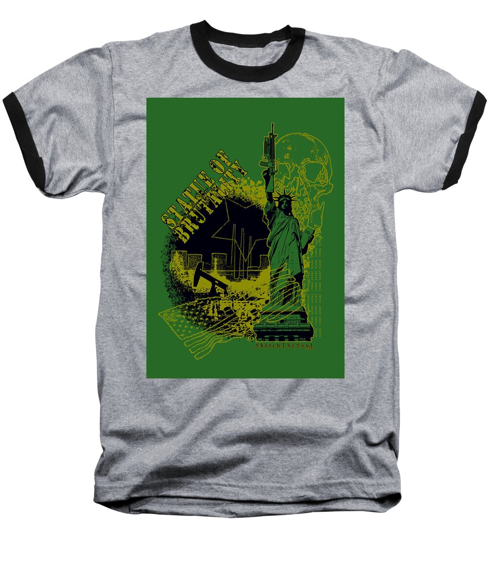 Statue Of Liberty Baseball T-Shirt featuring the mixed media Statue of Brutality by Tony Koehl