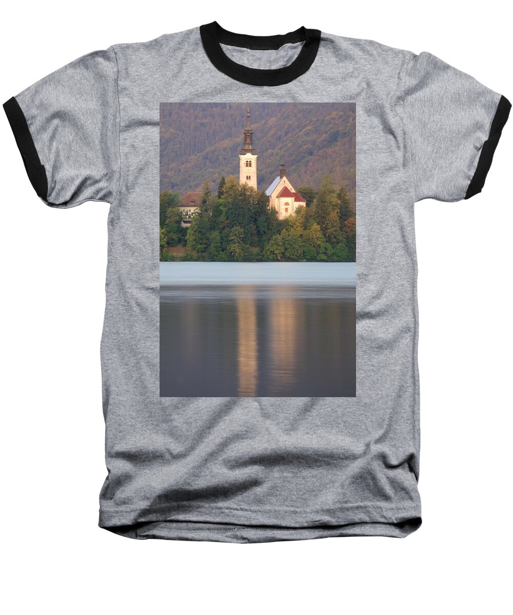 Bled Baseball T-Shirt featuring the photograph Sunrise over Lake Bled and the island church by Ian Middleton