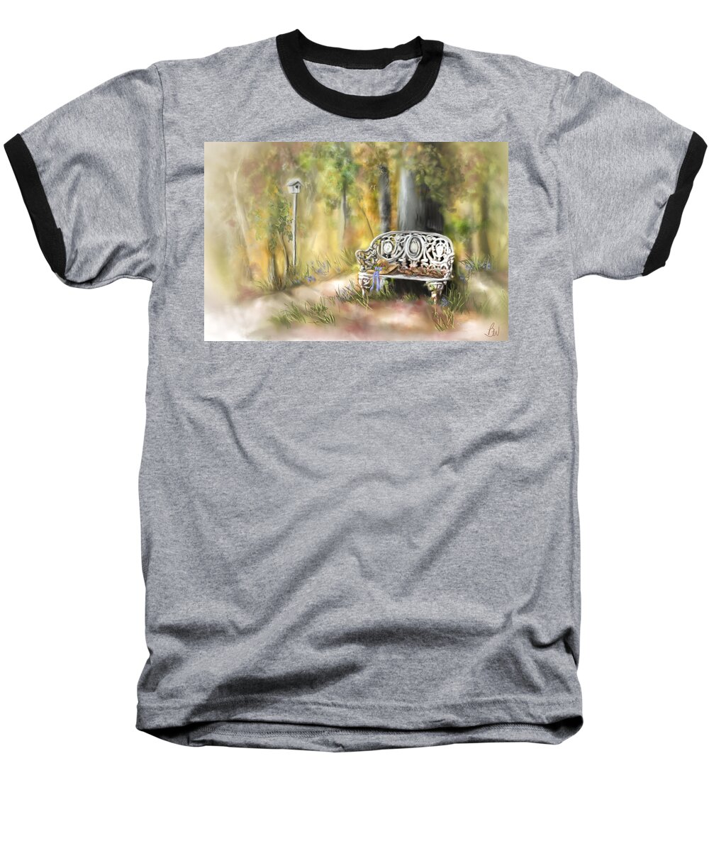 Bench Baseball T-Shirt featuring the painting The Garden Bench by Bonnie Willis
