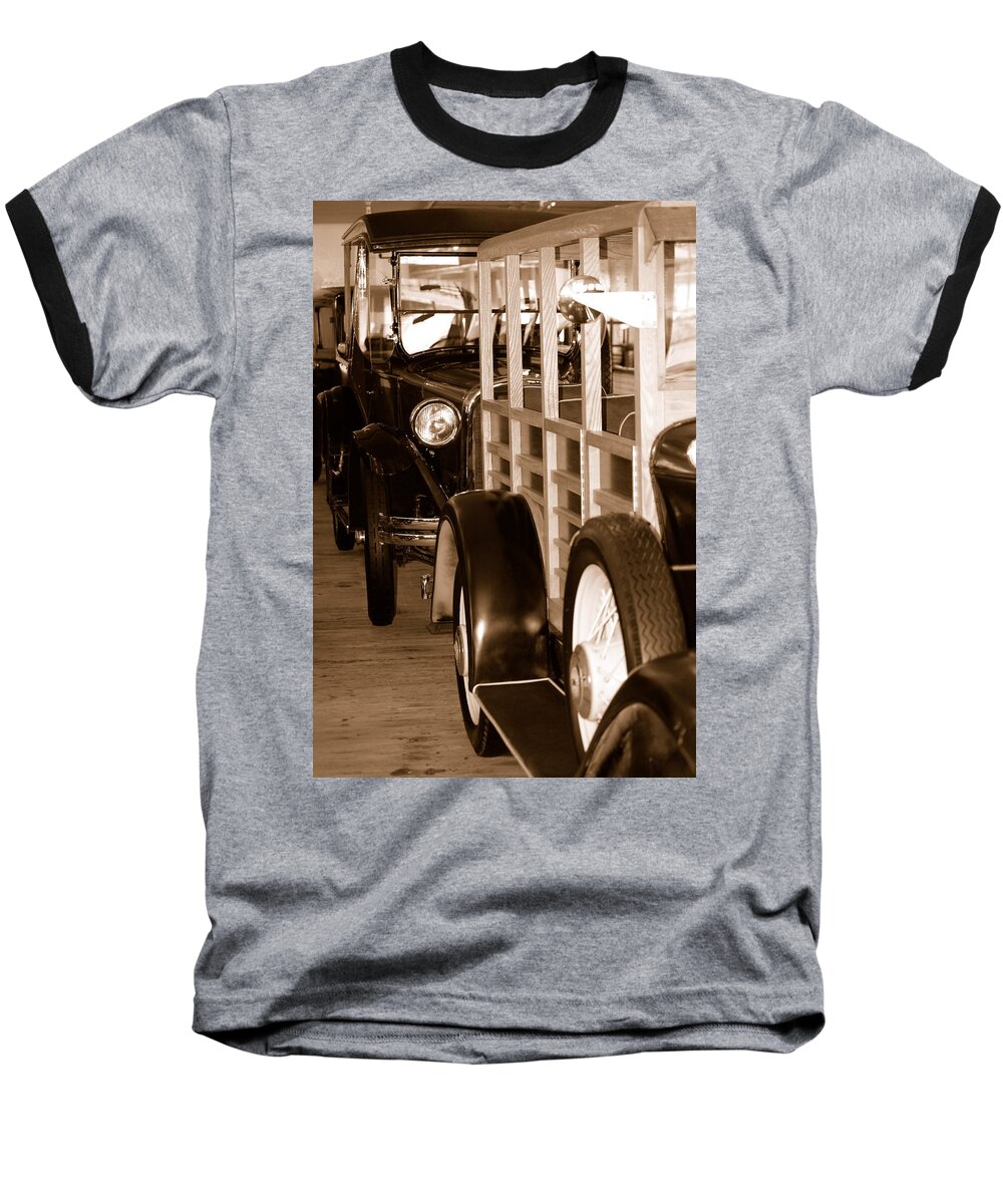 Old Vehicles Shipping Vessel San Francisco Ca Cars Trucks Vintage Floating Museum Baseball T-Shirt featuring the photograph The Old Line Up by Holly Blunkall