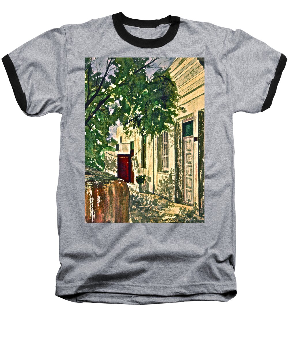 Mykonos Baseball T-Shirt featuring the photograph The Red Door by Frank SantAgata