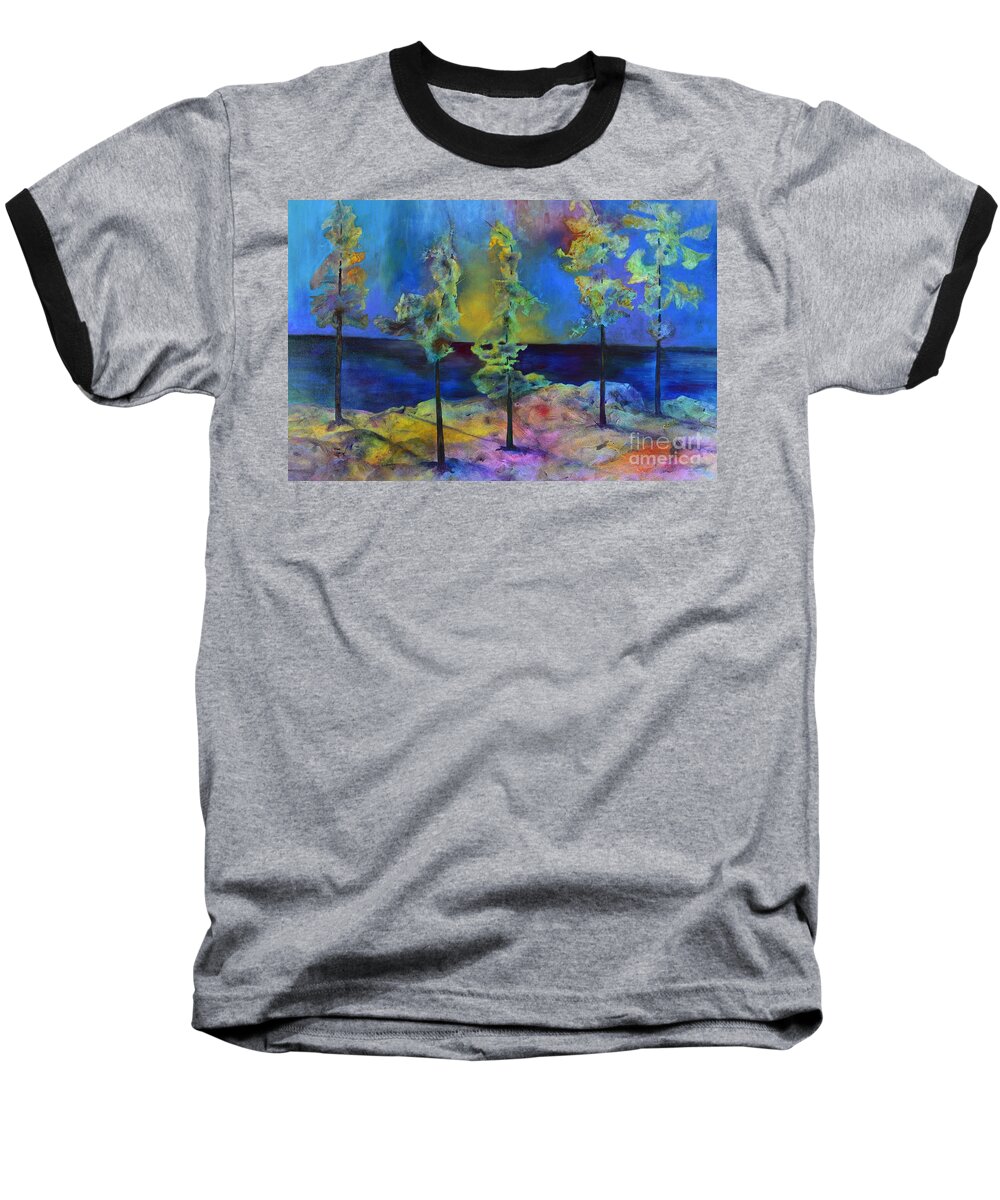 Trees Baseball T-Shirt featuring the painting The View by Claire Bull
