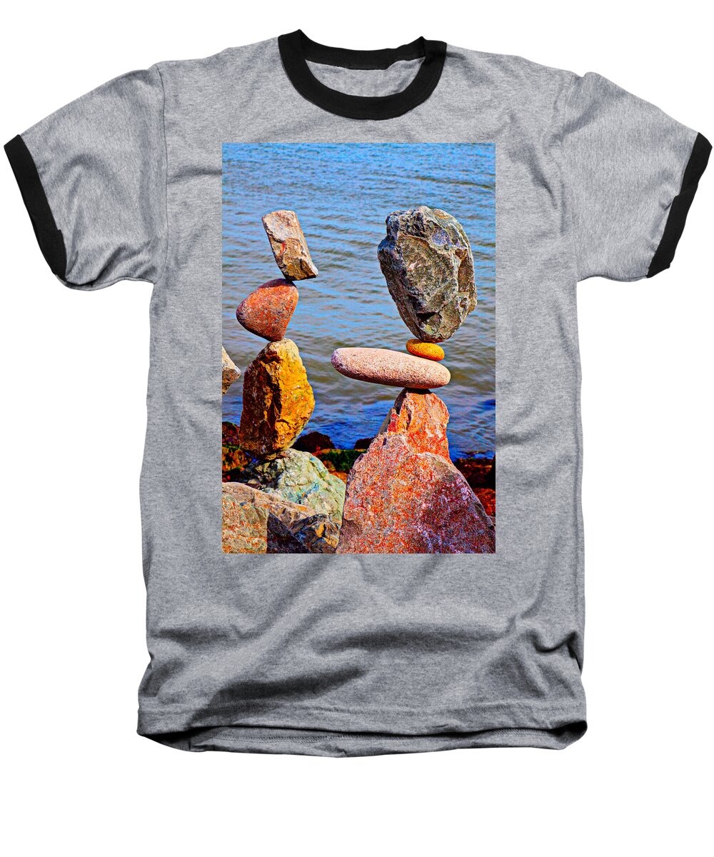 Two Stacks Balanced Rocks Baseball T-Shirt featuring the photograph Two Stacks of Balanced Rocks by Garry Gay
