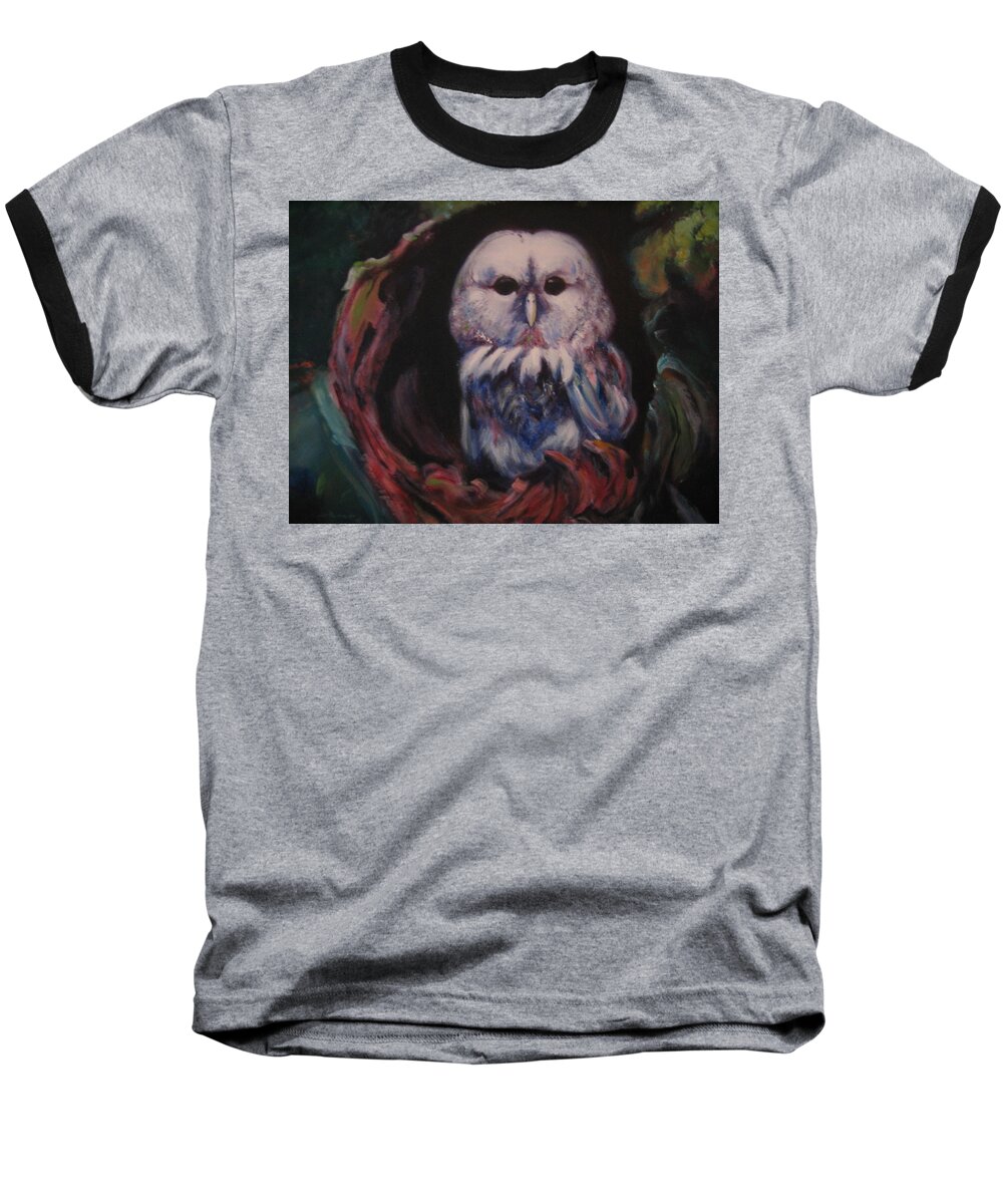 Owl Baseball T-Shirt featuring the painting Who's Lair by Jason Reinhardt