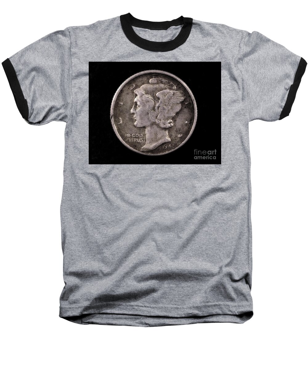 Winged Liberty Baseball T-Shirt featuring the photograph Winged Liberty Mercury Silver Dime Coin by Randy Steele