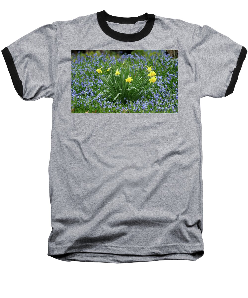 Green Baseball T-Shirt featuring the photograph Yellow and Blue Flowers by Ronald Grogan