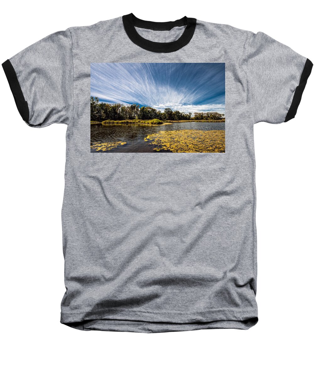 Landscape Clouds Sky Water Lake Pond Trees Rochester Minnesota Summer Fall Autumn Blue White Green Yellow Baseball T-Shirt featuring the photograph You CANNOT Be Cirrus by Tom Gort