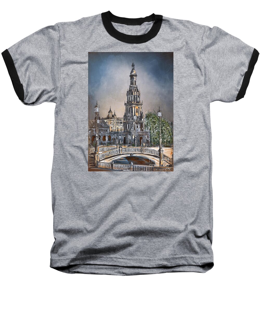 Square Baseball T-Shirt featuring the painting Plaza de Espana in Seville by Andrzej Szczerski