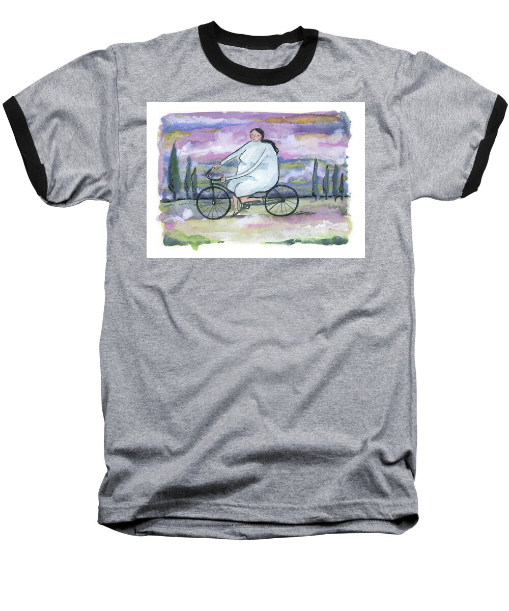 Bike Baseball T-Shirt featuring the painting A beautiful day for a ride by Leanne WILKES