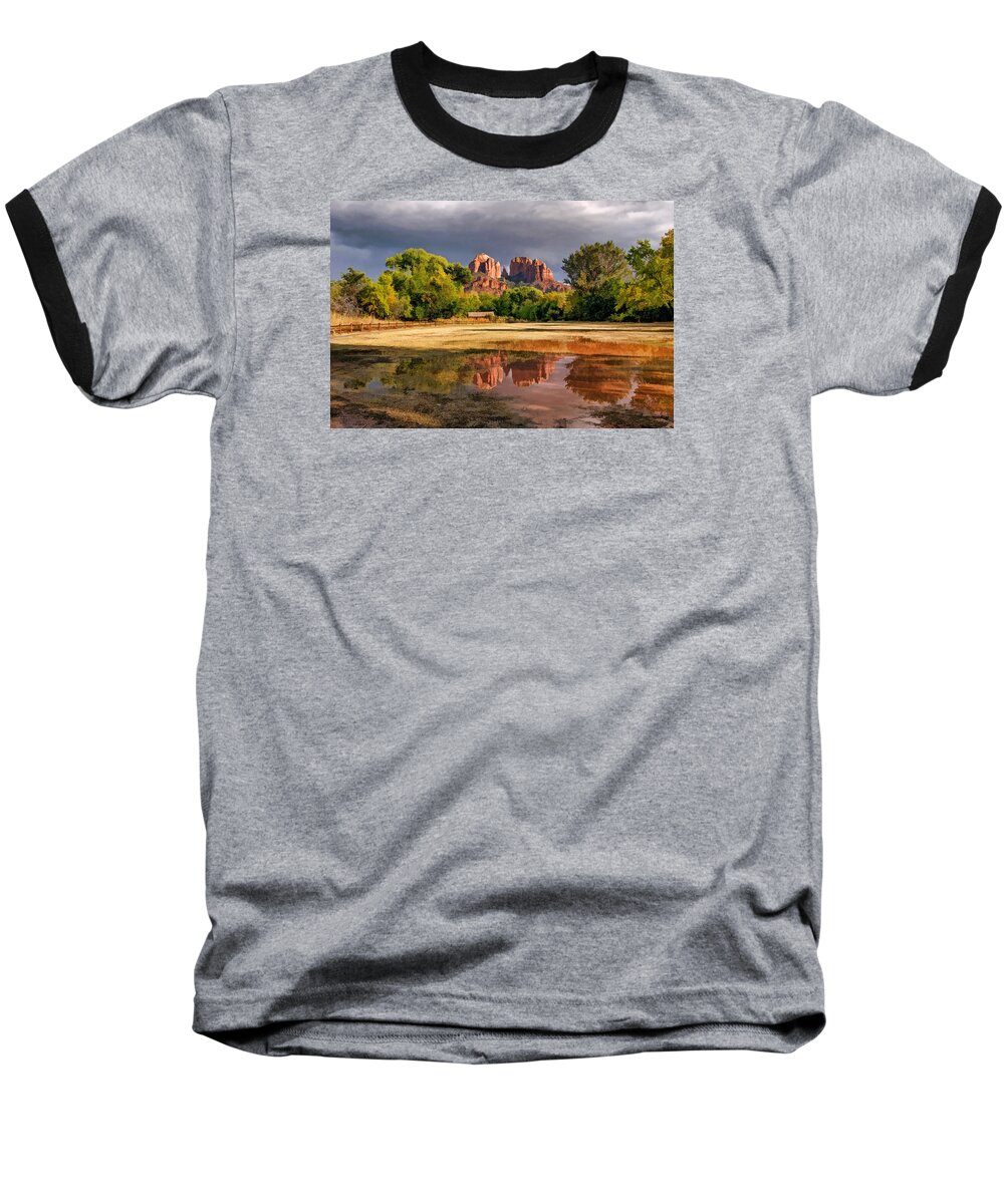 Cathedral Rock Baseball T-Shirt featuring the photograph A Light in Darkness #1 by Leda Robertson