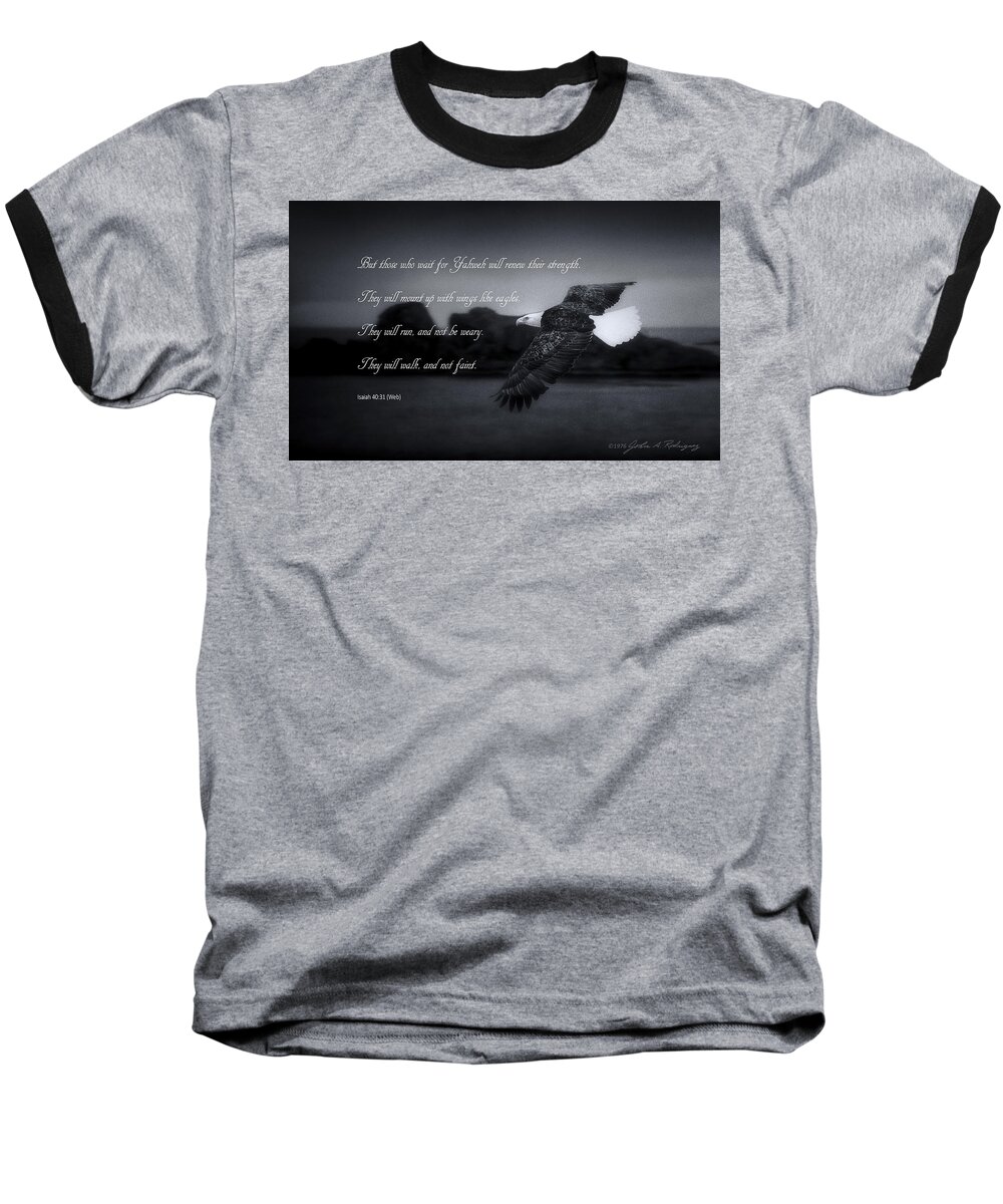 Bald Eagle Baseball T-Shirt featuring the photograph Bald Eagle in Flight With Bible Verse by John A Rodriguez