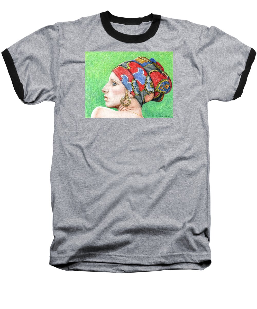 Singer Baseball T-Shirt featuring the drawing Barbra Streisand #2 by Rob De Vries
