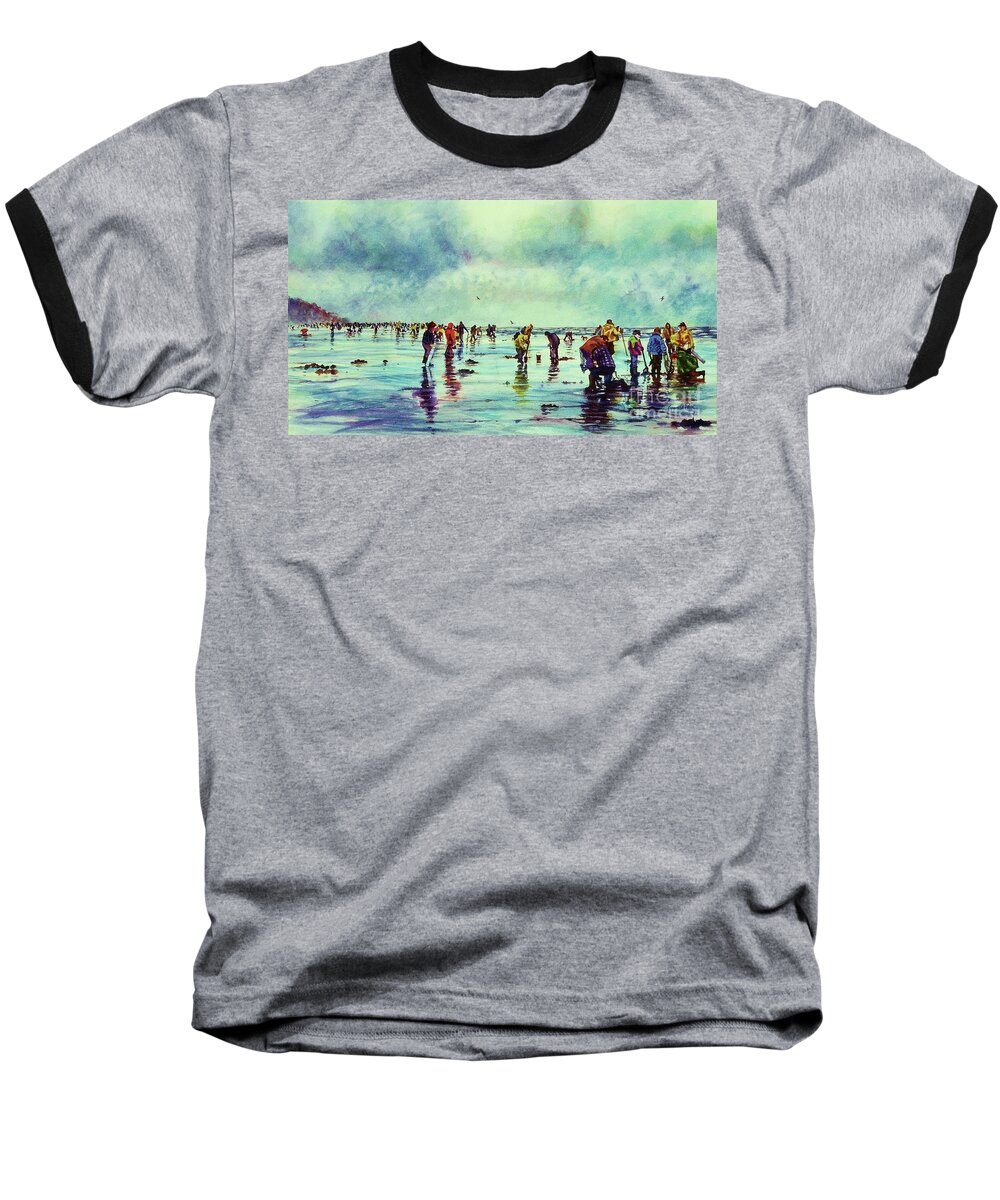 Cynthia Pride Watercolor Artwork Baseball T-Shirt featuring the painting Clamdiggers Beachscape by Cynthia Pride