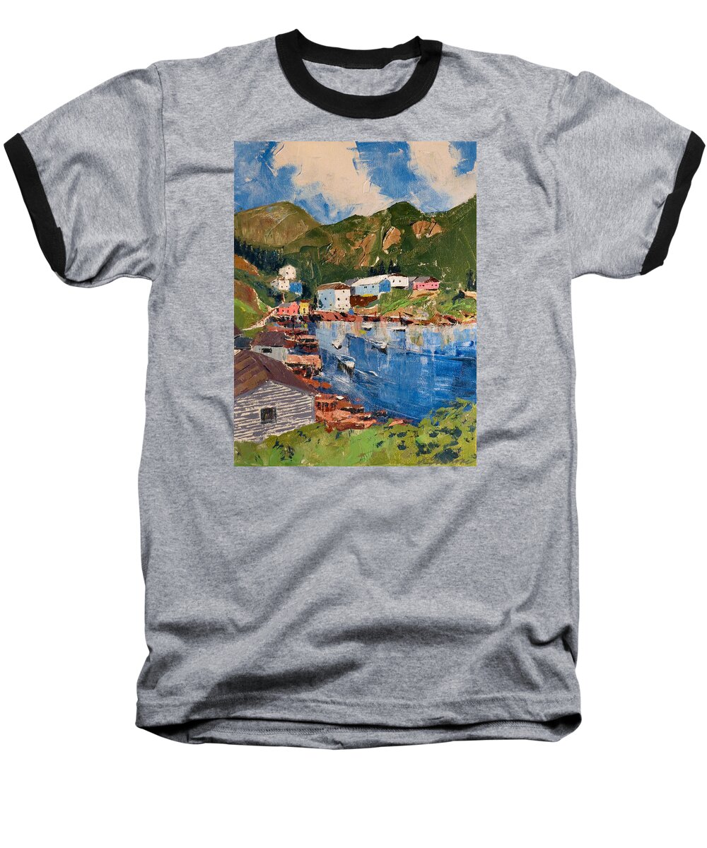 Coastal Village Baseball T-Shirt featuring the painting Coastal Village, Newfoundland #1 by David Gilmore