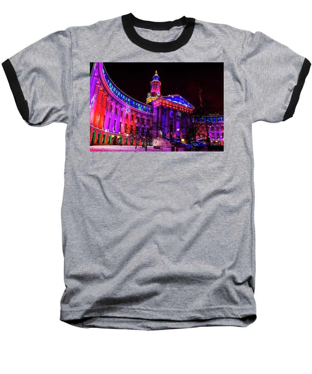 Christmas Baseball T-Shirt featuring the photograph Denver City and County Building Holiday Lights #1 by Teri Virbickis